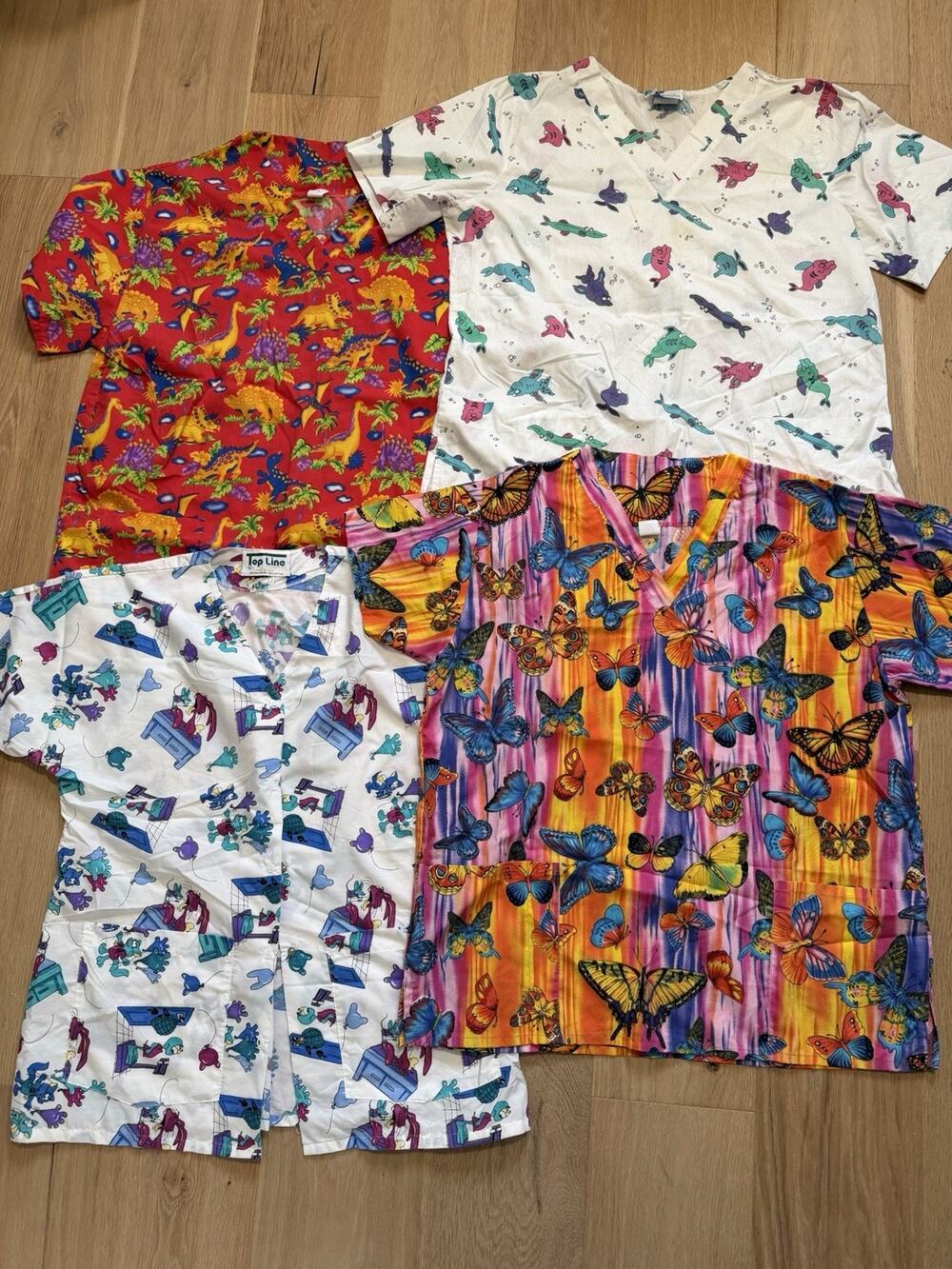 Lot Of 4 Vintage Scrub Tops V-Neck Colorful USA MADE Medical Uniform XL Animals